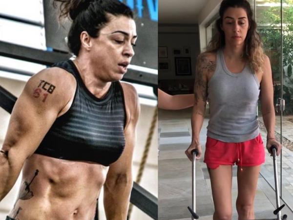 BBC Mundo: Em foto antiga, Raquel se equilibra em barra durante competição de crossfit. Na imagem ao lado, ela está com um andador se recuperando após a covid